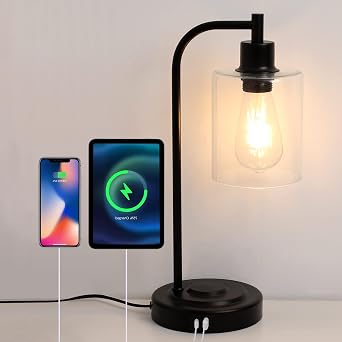 مصباح طاولة يعمل باللمس مع منافذ شحن USB A+C مزدوجة، غطاء من القماش وقاعدة معدنية، مصباح بجانب السرير لغرفة النوم والمكتب وغرفة الدراسة الزجاجية