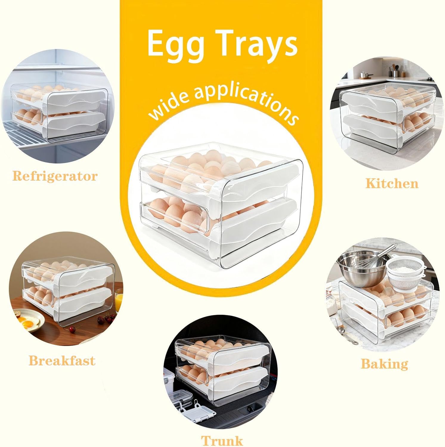 Egg Holder for Fridge Egg Organizer 2 Tier Clear Egg Tray with Drawer Space Saving Eggs Storage Container with Handles for Countertop Kitchen Baking (32 Eggs)