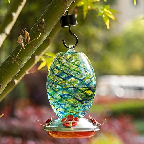 Miniatura 2 de Muse Garden - Comedero para colibrís para exteriores, de vidrio soplado a mano, 25 onzas, con trampa para hormigas, modelo playa