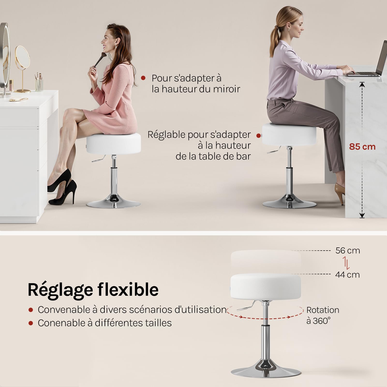 WOLTU Tabouret Coiffeuse, Tabouret de Maquillage, Réglable en Hauteur 44-56cm, Pivotant, Siège Rembourré, Tabouret de Bar Bas Rond pour Salon, Chambre à Coucher, Similicuir, Blanc