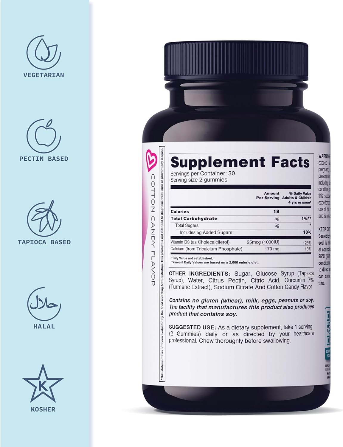 LIVS Calcium & Vitamin D3 Gummies for Adult & Kids – 170mg Calcium & 1000 IU Vitamin D3 Supplement for Immune Support, Bone & Teeth Health | Cotton Candy Flavor | Gluten-Free | 120 Count/60 Servings