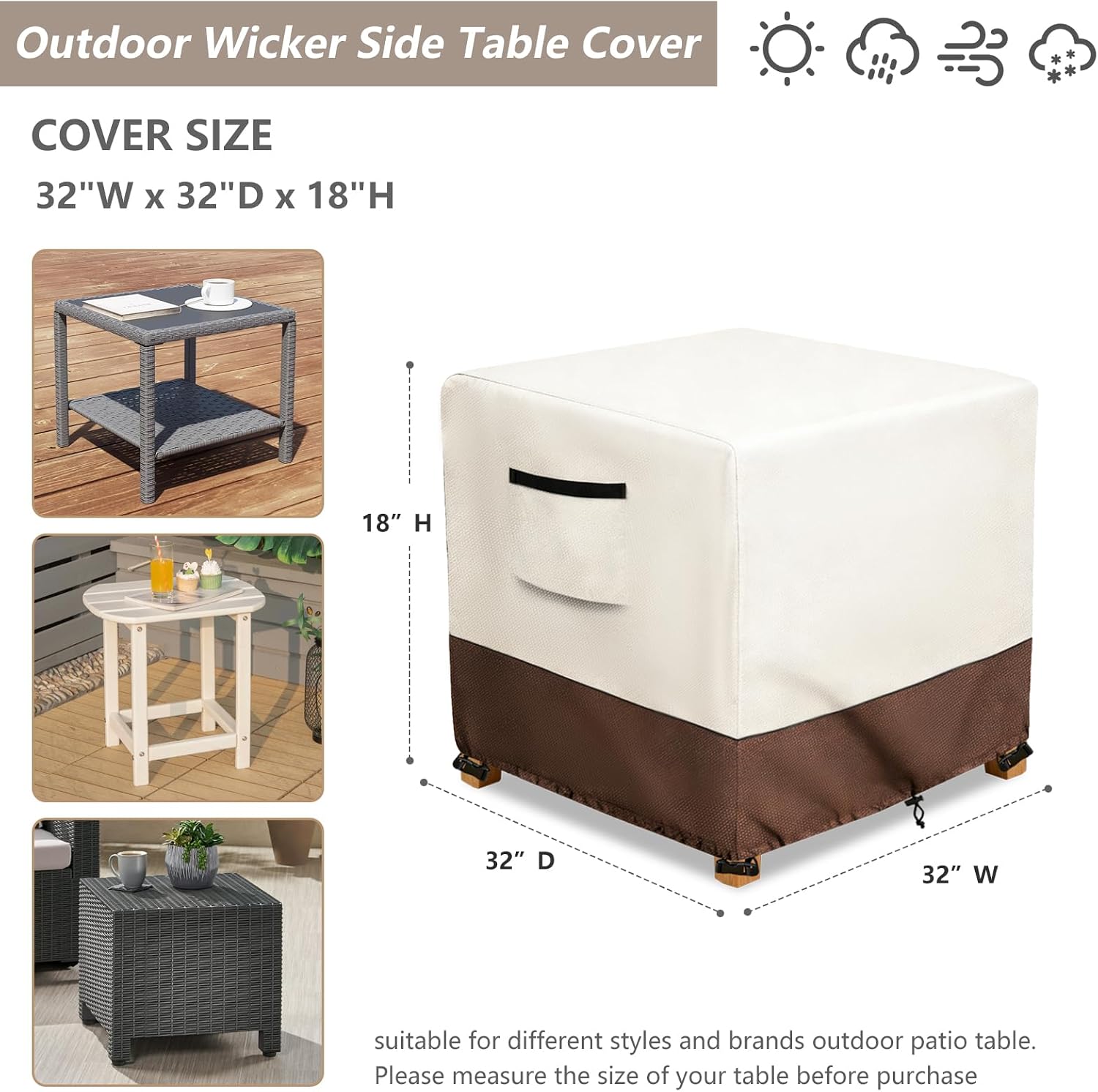 Waterproof Patio Ottoman Cover, Heavy Duty Square Outdoor Side Table Furniture Covers Size 32L x 32W x 18H inch (Beige)