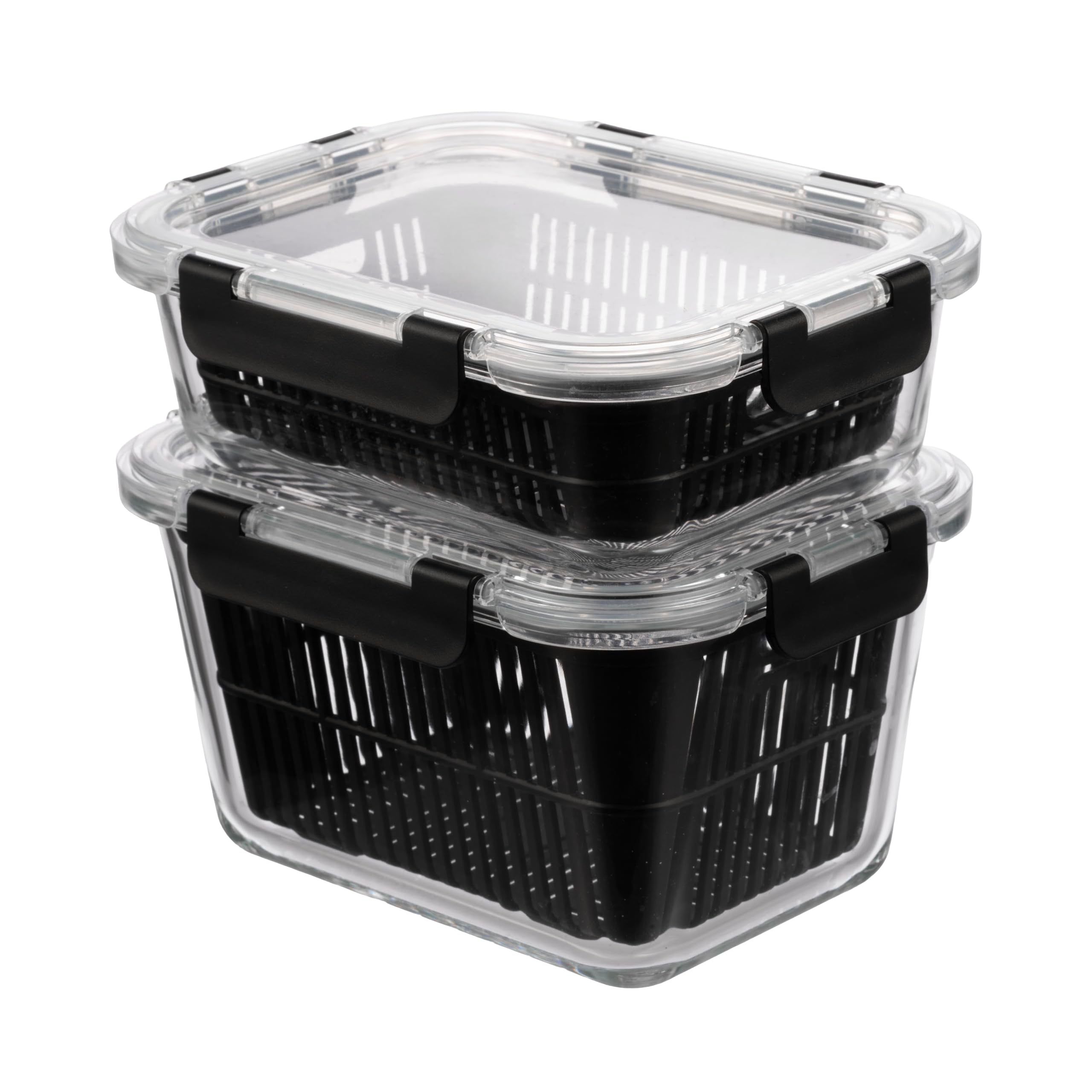 Airtight Glass Food Containers with Basket and Silicone Lid - Set of 2 x 1050ml + 1800ml for Fridge, Microwave, Oven and Freezer - Ideal for Meal Prep