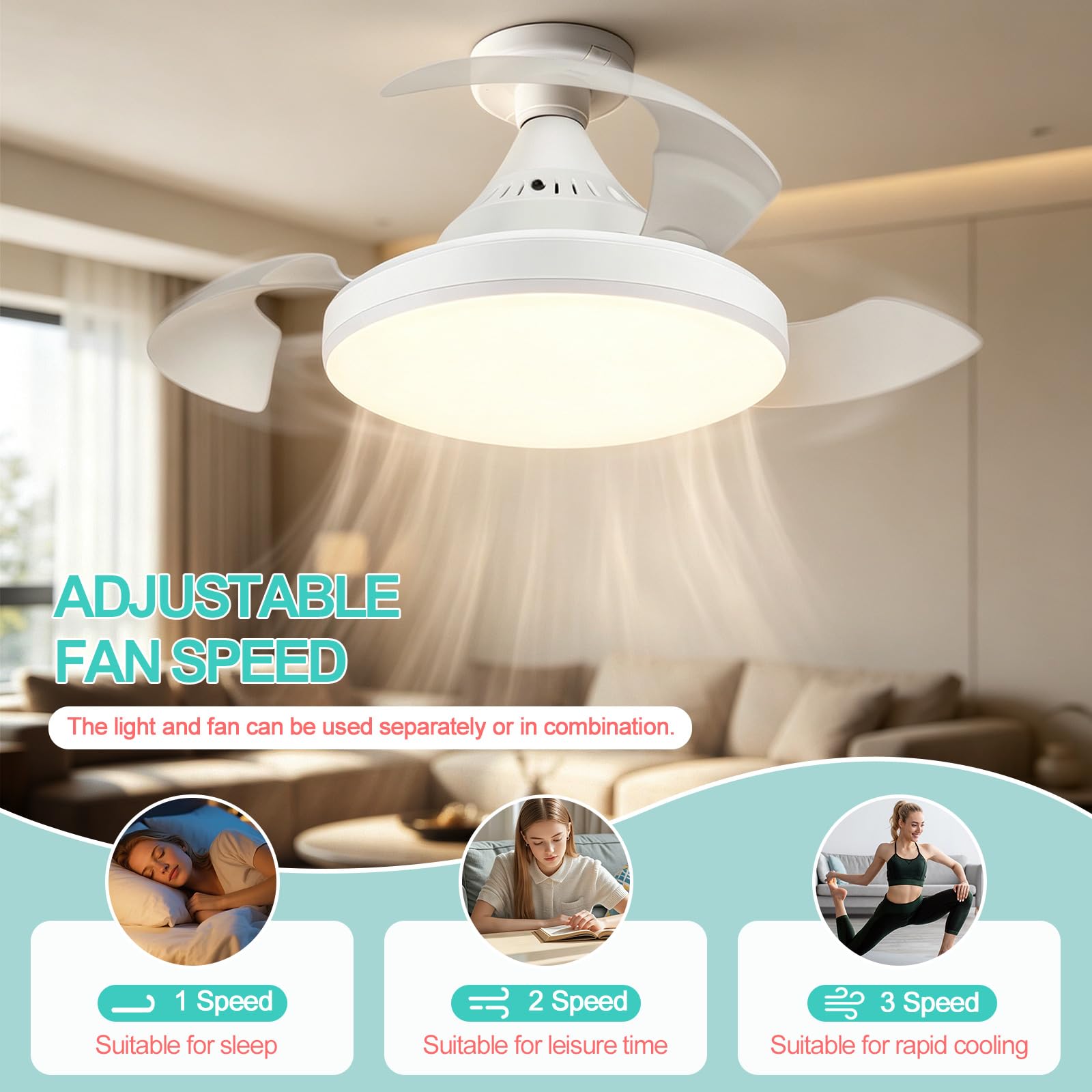 Ventilatore da Soffitto con Luce E27 40cm, Adattatore E27 Incluso, Lampada Ventilatore LED Silenzioso 20-30dB con Telecomando, Dimmerabile 12 Livelli & 3 Colori, Timer 2h/4h, per Camera Cucina 15-20m²