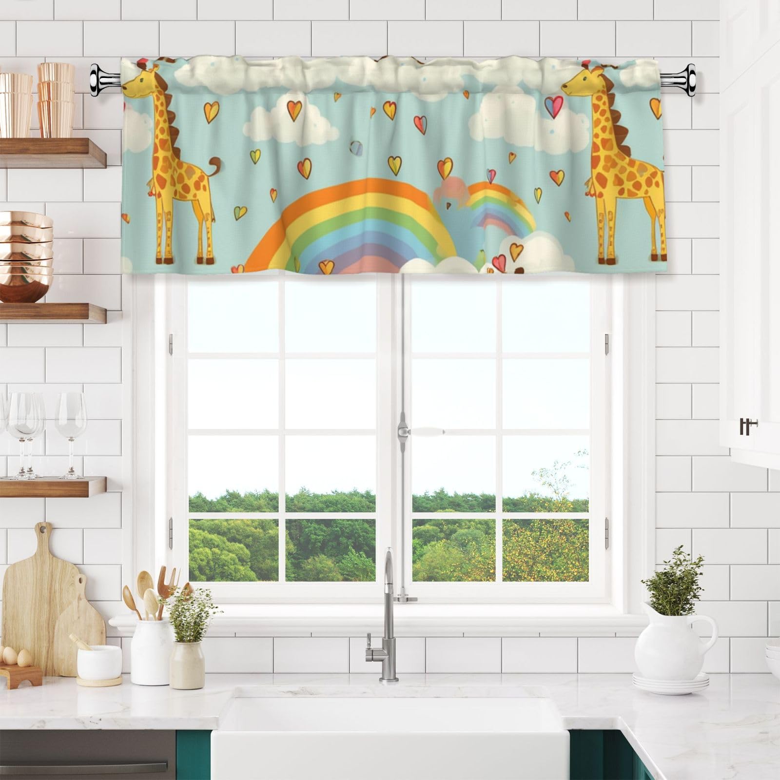 Cartoon giraffe rainbow clouds Valances for Windows Short Curtains Rod Pocket Cafe Window Treatments Valance Curtains for Kitchen Bathroom Laundry Basement Windows 54x18inch Blackout Window Valance