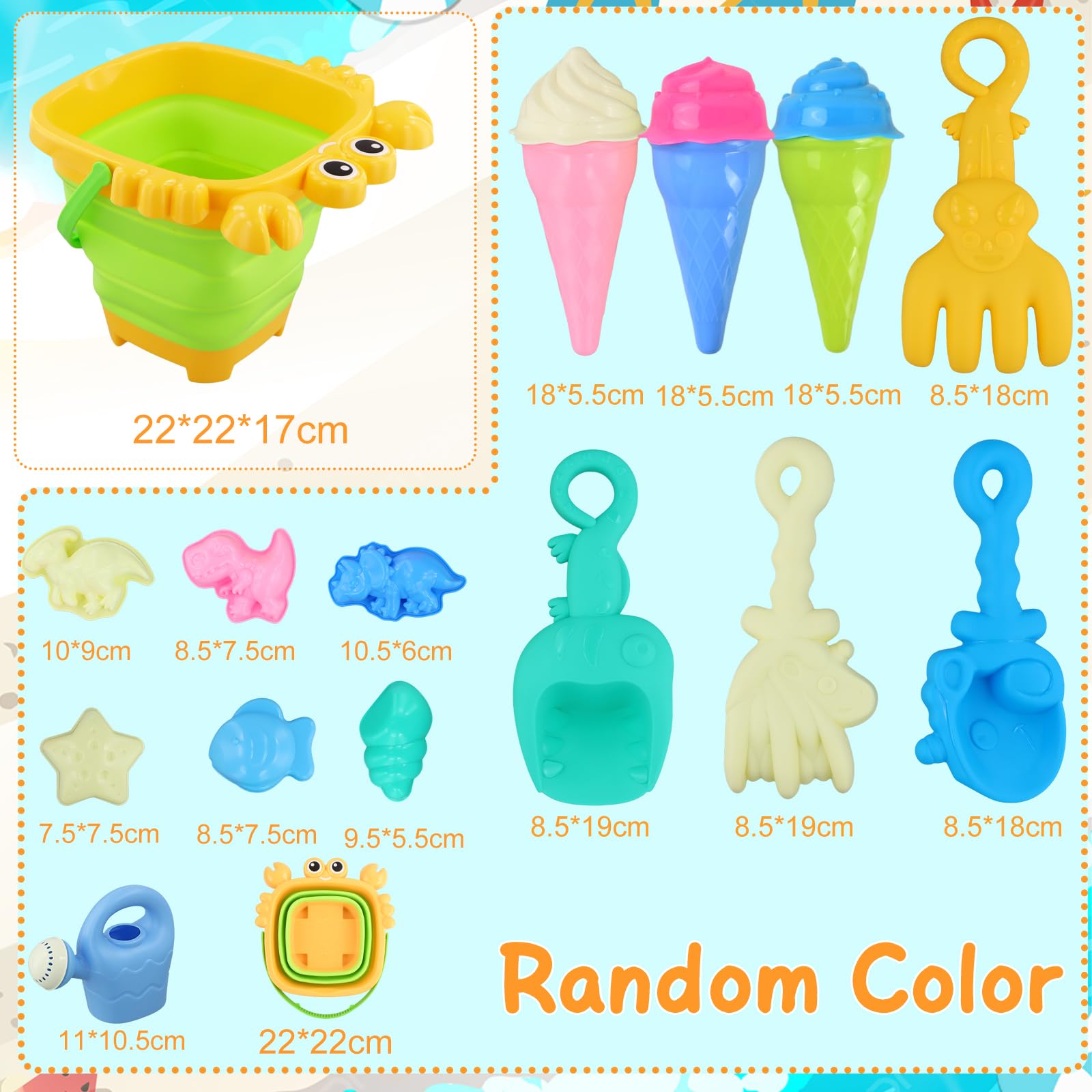Ecofocet Set De 15 Juguetes De Playa Para Niños 3+ Años - Cubo Plegable, Moldes De Helado, Dinosaurios Y Animales Marinos, Palas, Regalo De Verano Para Arena Y Nieve
