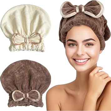 Jseng Microfiber Hair Towel Caps for Women with Cute Bowtie, 2Packs Fast Drying Hair Towel Caps for Curly Long Wet Hair Anti Frizz