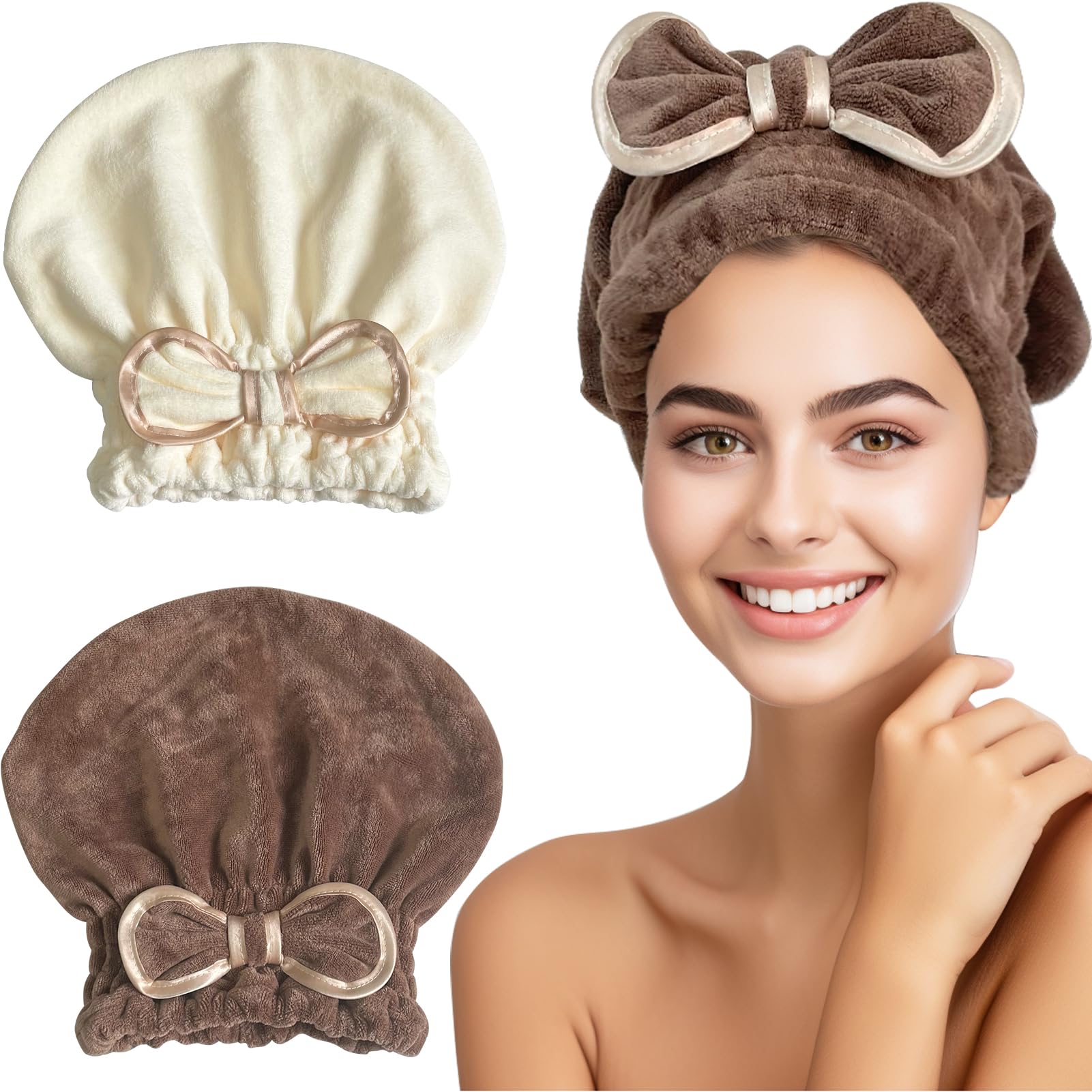 Jseng Microfiber Hair Towel Caps for Women with Cute Bowtie, 2Packs Fast Drying Hair Towel Caps for Curly Long Wet Hair Anti Frizz