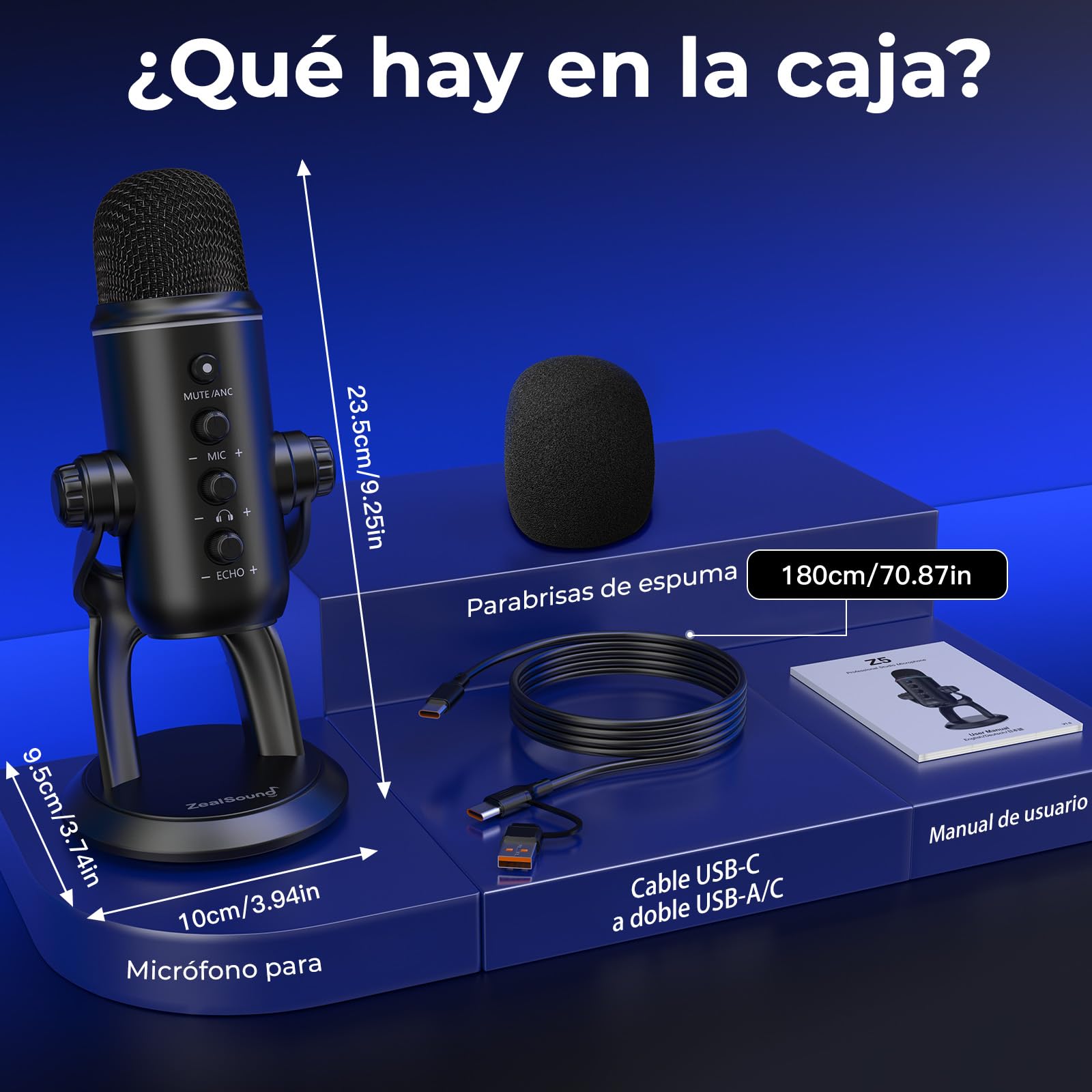 zealsound Micrófono USB, Plug & Play, para podcasts, PC y teléfono, Z5 | con cancelación de Ruido, Silencio de Ganancia, Condensador de Escritorio para grabación, Streaming, Juegos, ASMR, Creadores