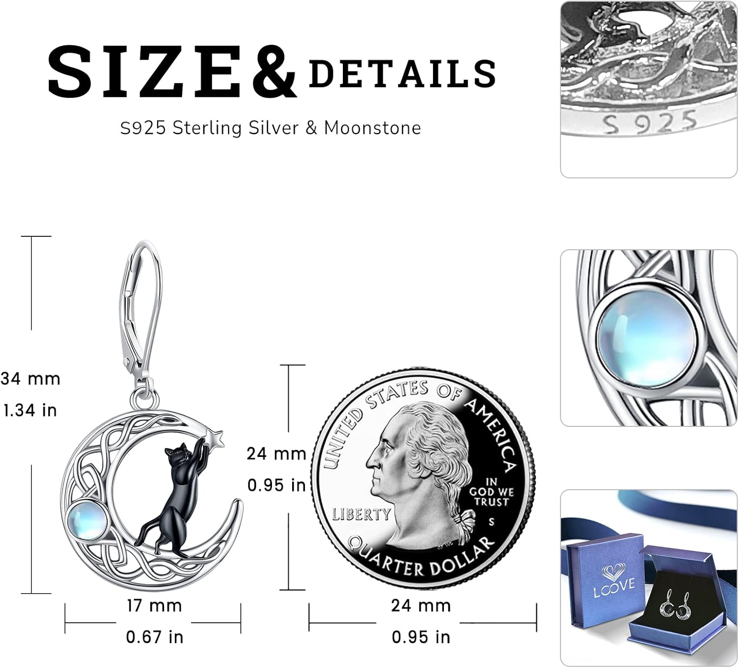 Sterling Silver Tree of Life/Flower/Bee/Animals/Cat/Hummingbird Dangle Earrings Moonstone Turquoise Drop Leverback Earrings Jewelry Gifts - Image 4