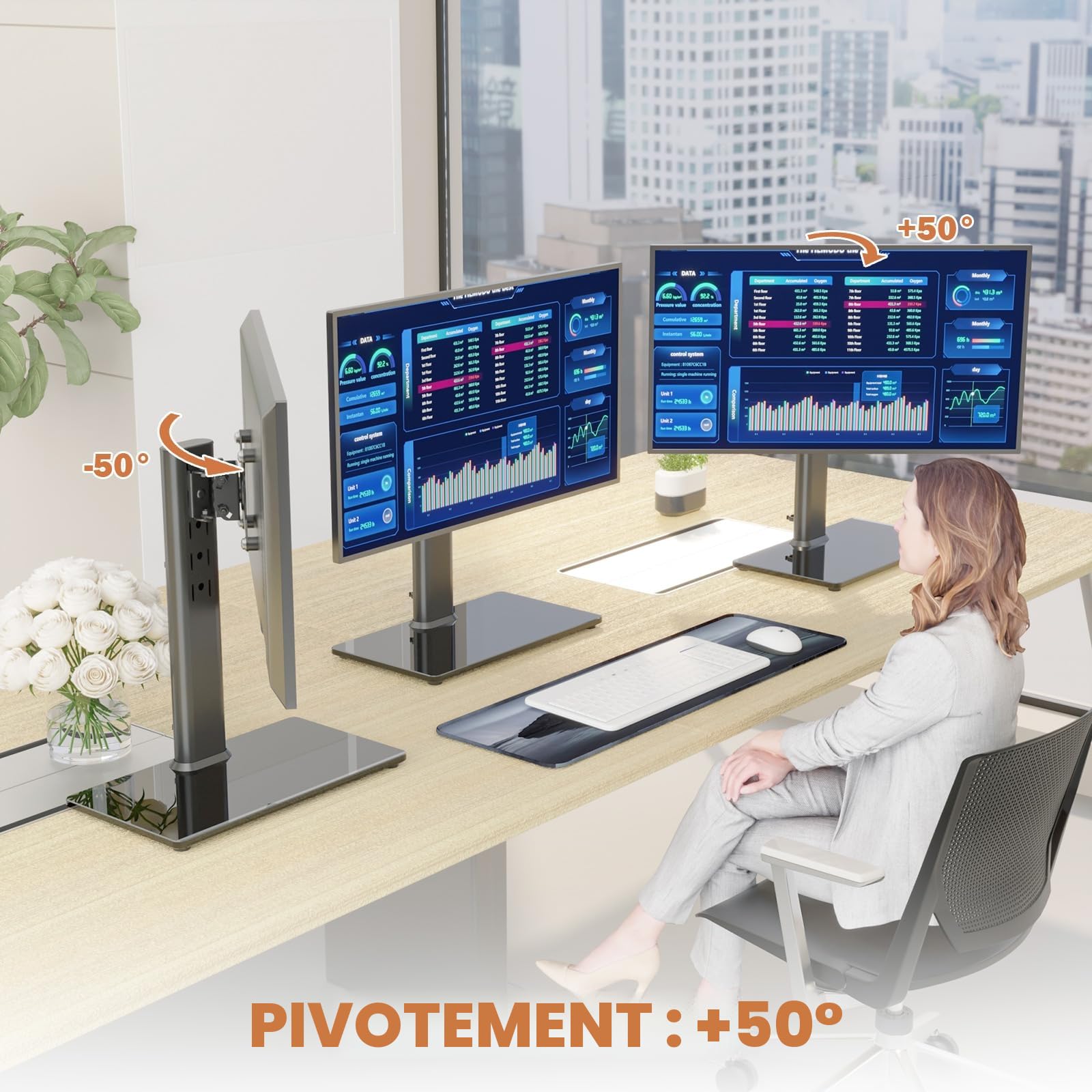 Hemudu Support de Bureau Simple pour écran LCD 13"-32" avec Pivot, Hauteur réglable, Rotation, 35 kg