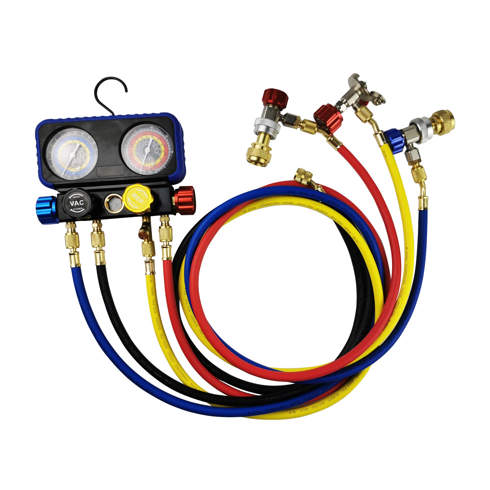 Ensemble de jauge de collecteur de climatisation R1234YF R134A - 4 valves - Jauge de collecteur compatible avec les réfrigérants R1234YF R134A et R404A