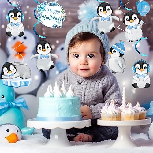 Miniatura 6 de Cartel de feliz cumpleaños de pingüino, decoraciones de fiesta, suministros de fiesta de pingüinos para baby shower, recuerdos de fiesta de