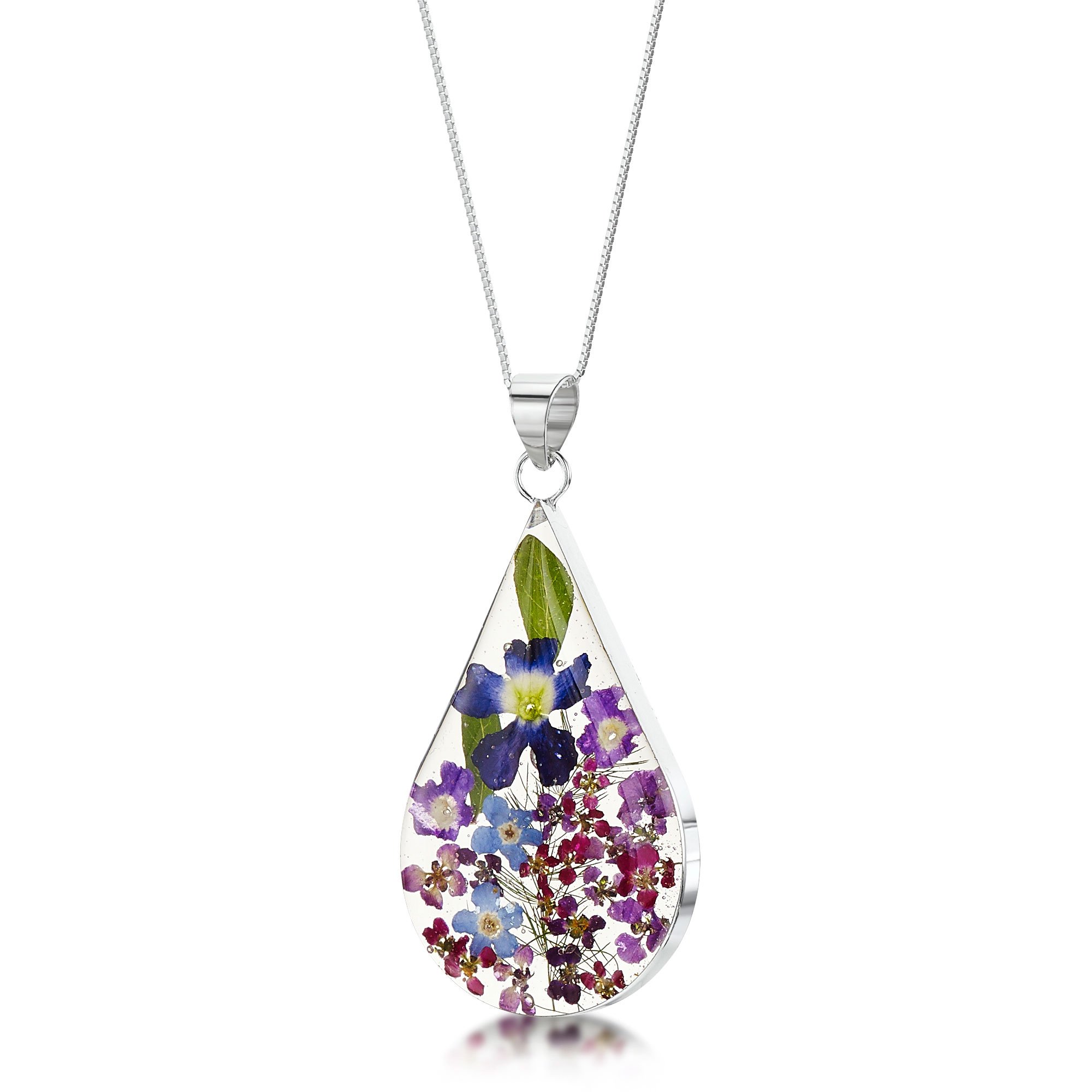 Shrieking Violet® - Collana con fiori veri e propri in argento Sterling con pendente a goccia con fiori viola
