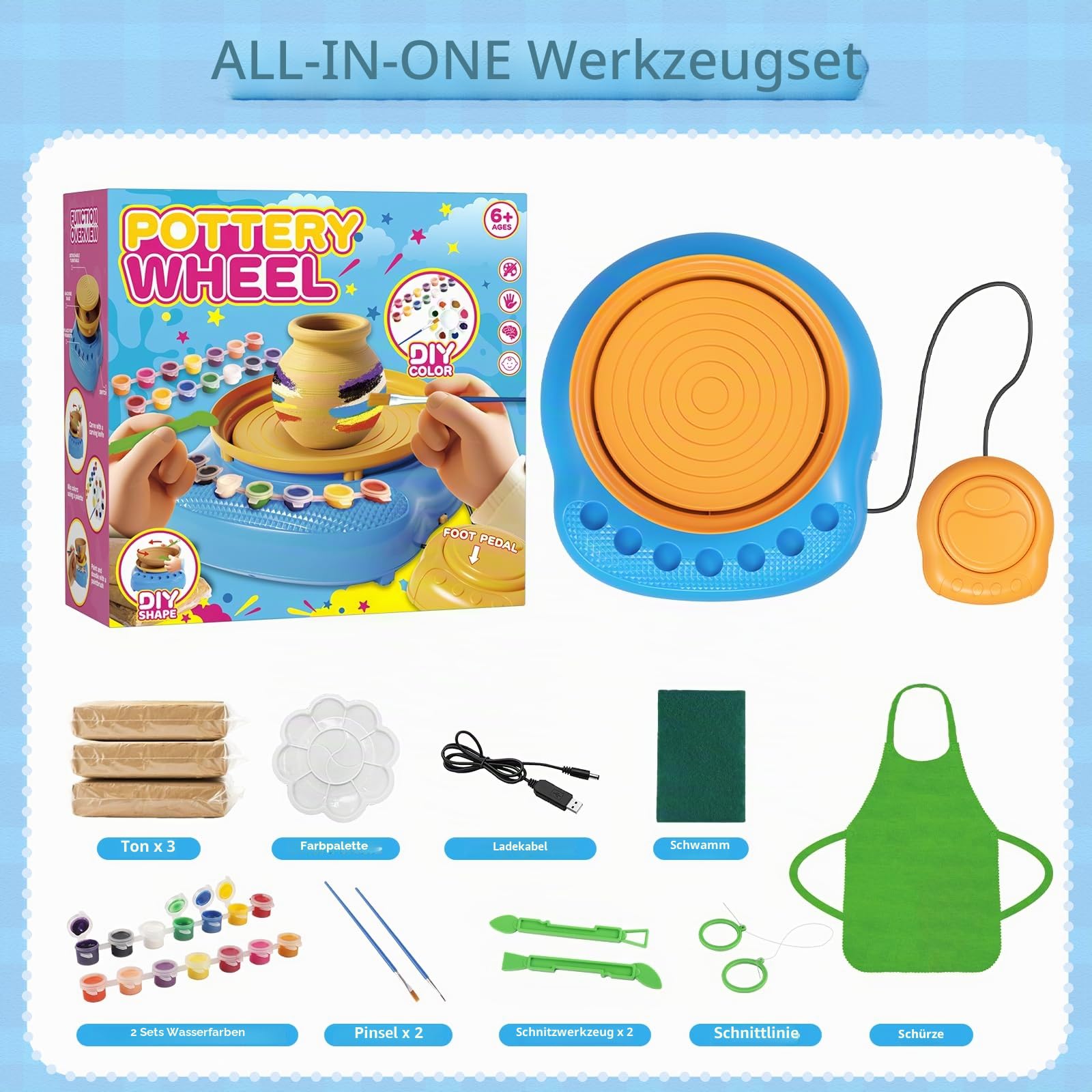 Hzitcigm Töpferset für Kinder, Töpferscheibe & lufttrocknender Ton, 6-12 J | Ohne Brennofen – härtet luftgetrocknet. Komplettset: 12 Farben & Werkzeug, BPA-frei. Geschenk für Mädchen & Jungen, 6-12 J