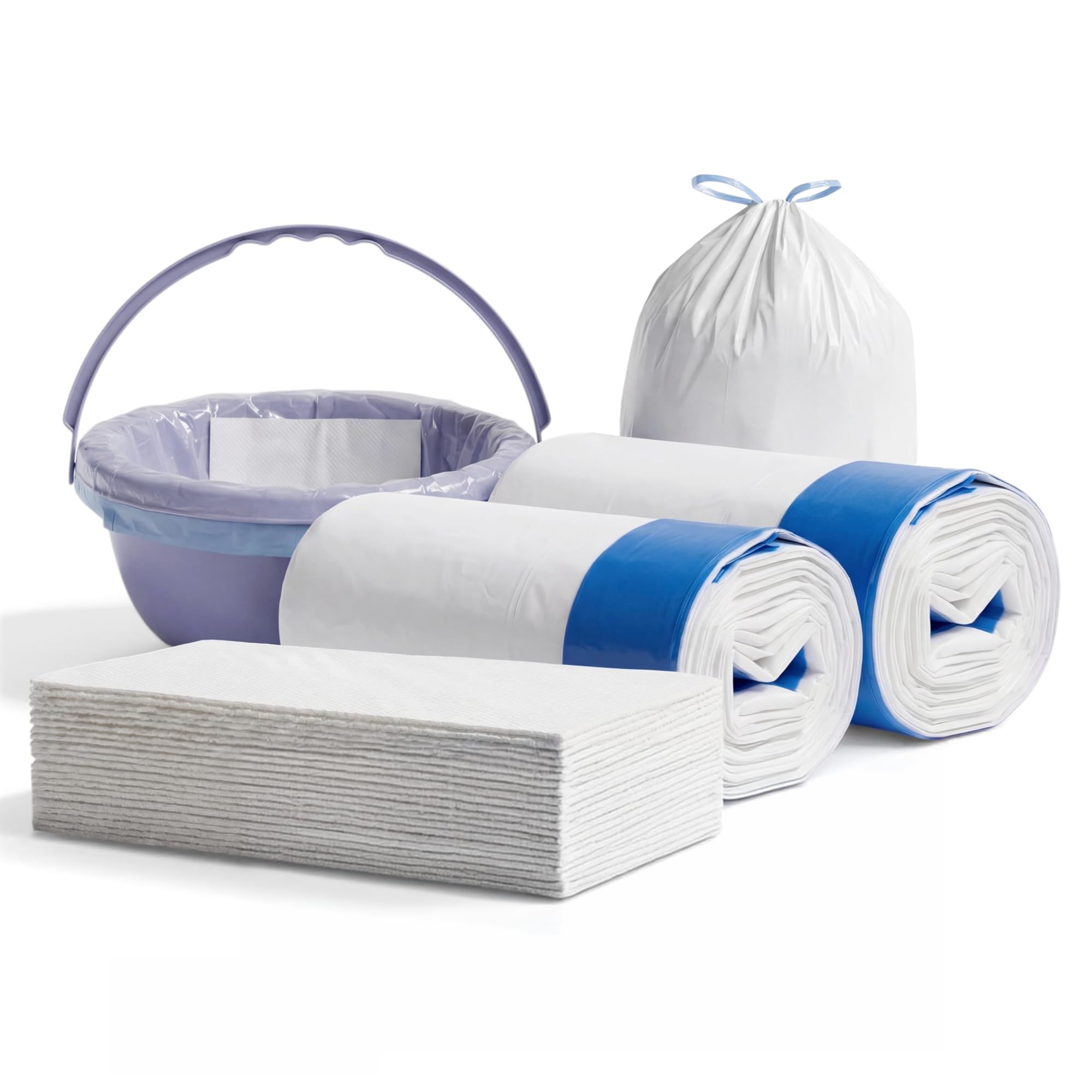 Commode Liners with Absorbent Pads - Pack of 50 Liners & 50 Pads Disposable Potty Liners with Drawstring for Commode Bucket - Portable Toilet Bags for Bedside Commode or Camping Toilet - Bergmis