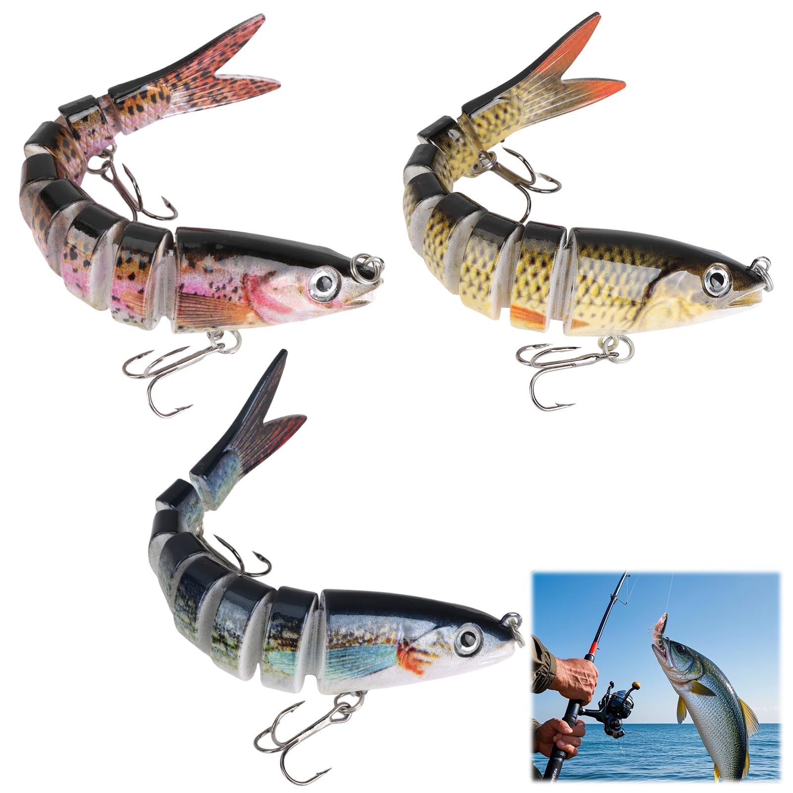 3 Pièces Leurre Peche Carnassier, Leurres de Pêche Bioniques à Couler Lent au Brochet Artificiel Leurres de Pêche Multi-articulés avec Hameçons Triples pour Carnassier Poisson Brochet Truite