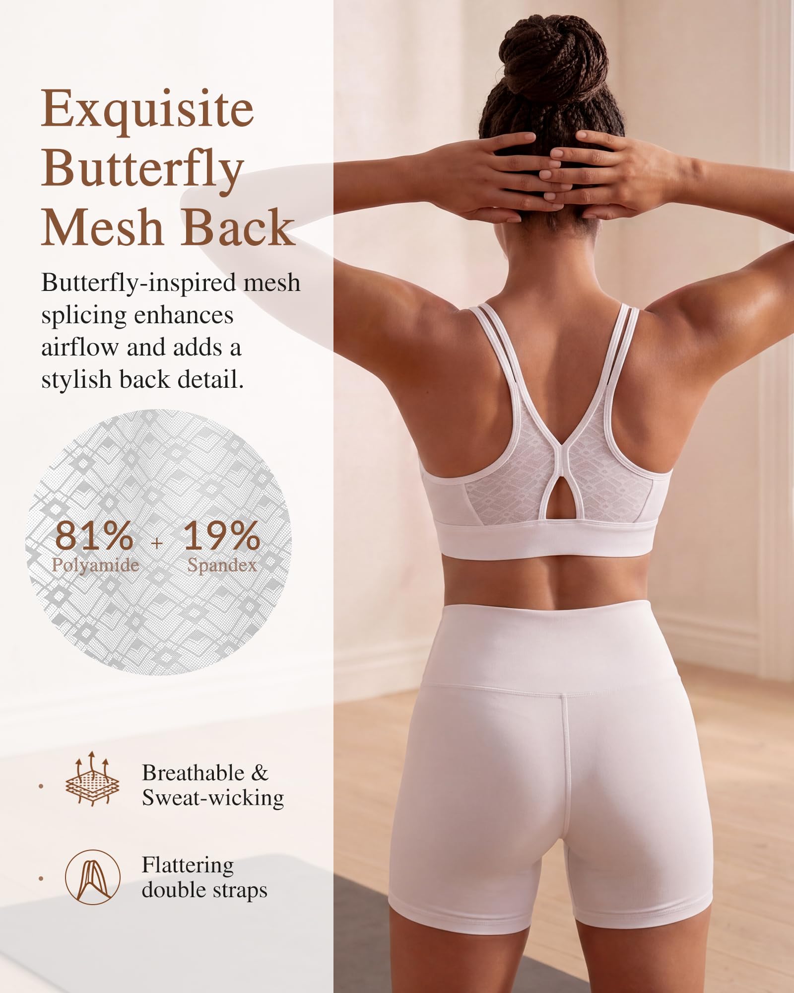 Yvette Soutien-gorge de yoga léger Cloud Series Soutien-gorge de sport pour femme à faible impact spaghetti bretelles fines en maille épissure