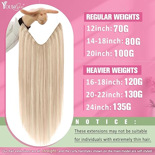 Miniatura 2 de YoungSee - Extensiones de cabello de hilo invisible, rubio #P18613, cabello humano real, 18 pulgadas, color rubio ceniza a rubio decolorado, 80g