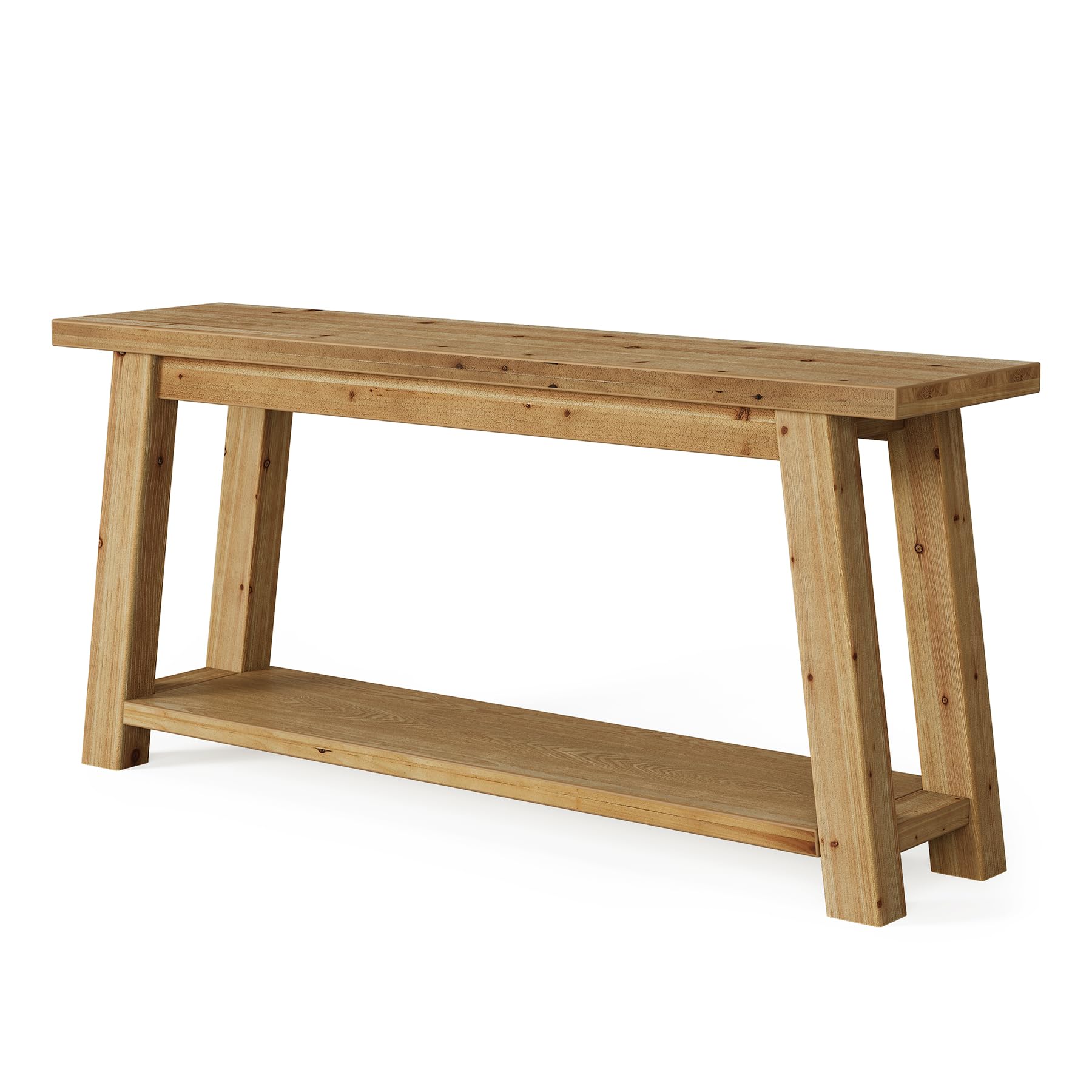 Consola de madera maciza 180 cm, 2 niveles, mesa de sofá estrecha estilo granja para entrada, sala de estar, dormitorio, detrás del sofá, color madera natural, montaje fácil