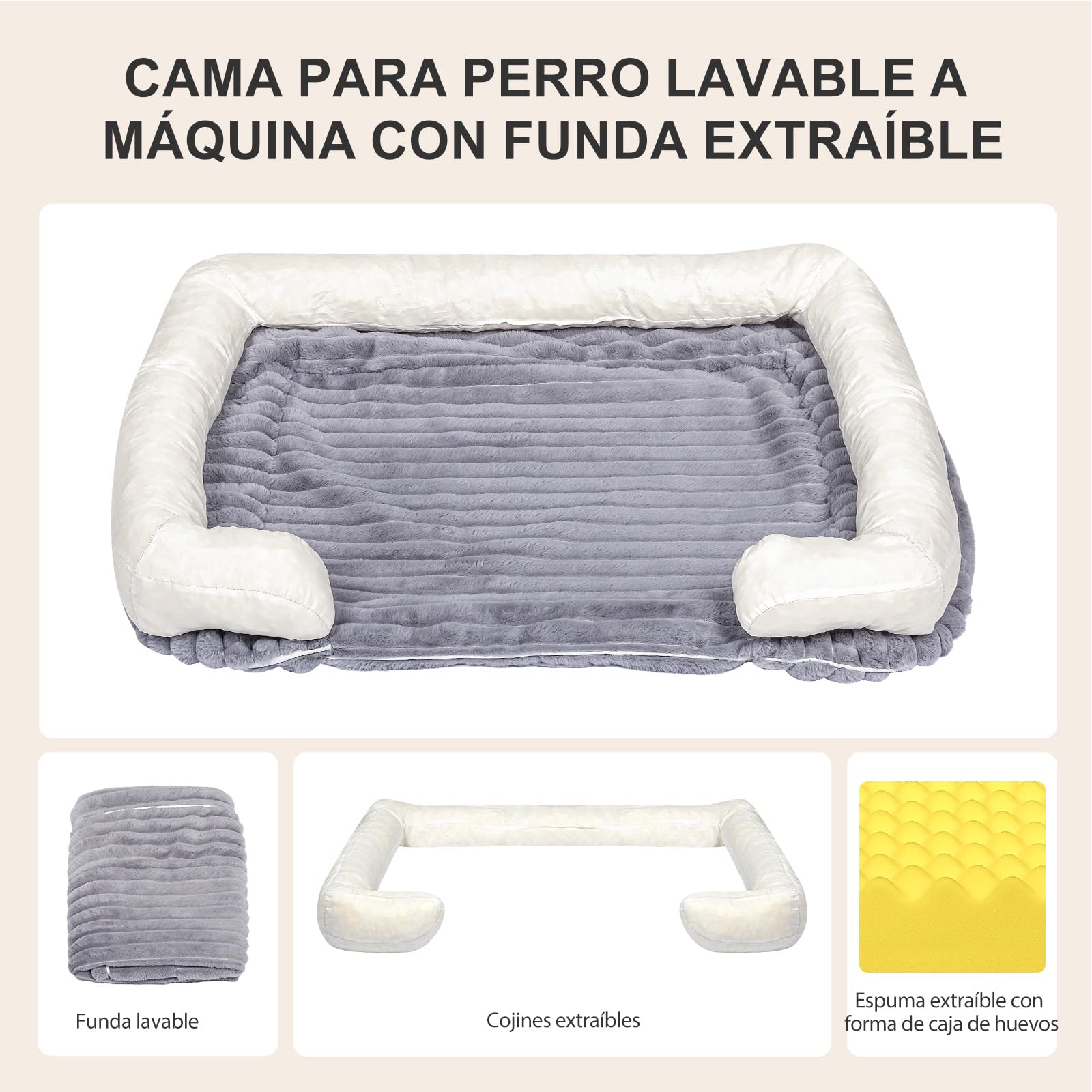Cama Ortopédica para Perros Pequeños: Sofa para Perros con Funda Etraíble y Lavable - Tejido de Felpa Suave - Forro Impermeable y - Base Antideslizante Gris (75 x 50 x 17 cm) | Cama ortopédica desmontable de piel sintética, cojín lavable con forro imperme