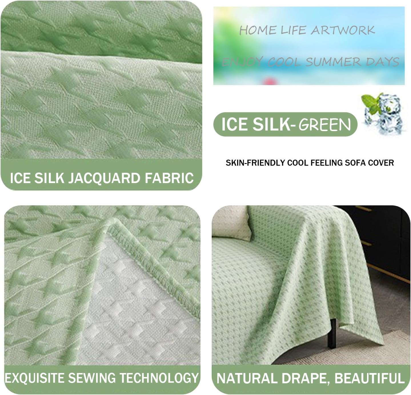 Summer Cooling Ice Silk Sofa Throw Non-Slip Sofa Slipcovers 1 2 3 4 Seat Washable Breathable Couch Cover Cooling Sofa Covers Couch Cushion Covers Sofa Protector,Green,180 * 230cm/71 * 90in