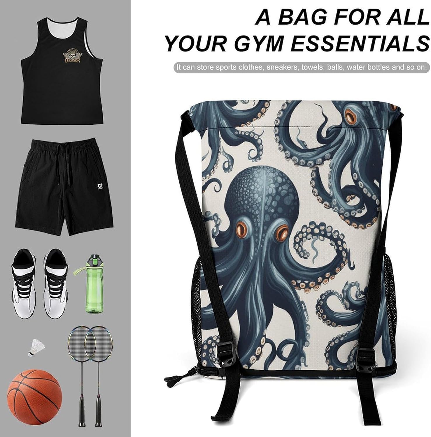 Fitness Drawstring Backpack Waterproof Gym Bag Octopus Pattern Lightweight Dry And Wet Separation Swim Bag