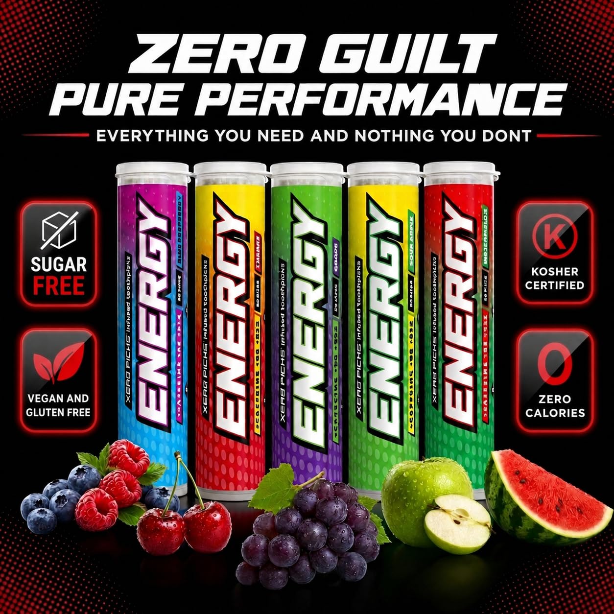 Xero Picks Stuzzicadenti aromatizzati con infusione energetica con caffeina, B12 e B6 (pacchetto varietà, 20 pezzi (confezione da 5))