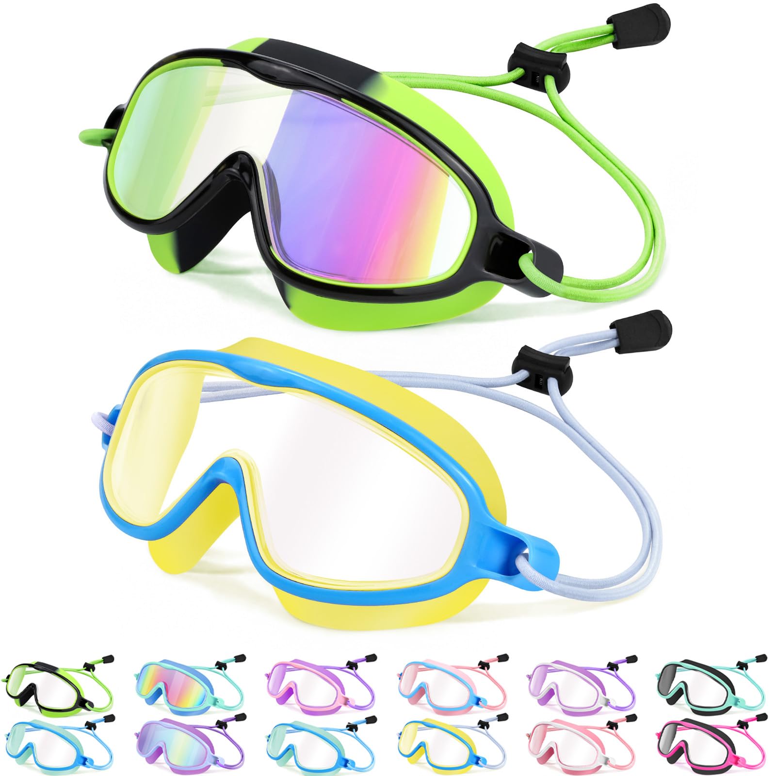 Vvinca Kids-Swim-Goggles with Bungee Strap Wide View Anti Fog UV Swimming Mask Pool Goggle for 3-14 Toddlers Girls Boys