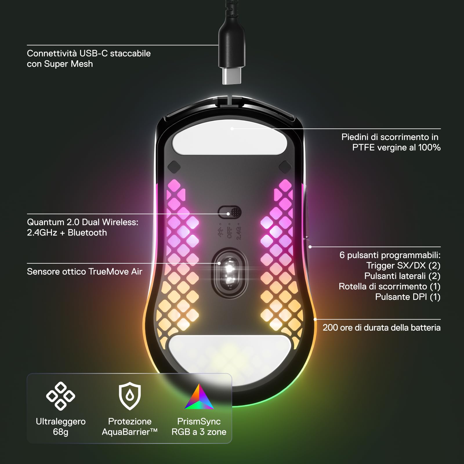 SteelSeries Aerox 3 Wireless Onyx (2022) - Mouse da gaming super leggero - 68g Design resistente all'acqua - 200 ore di durata della batteria