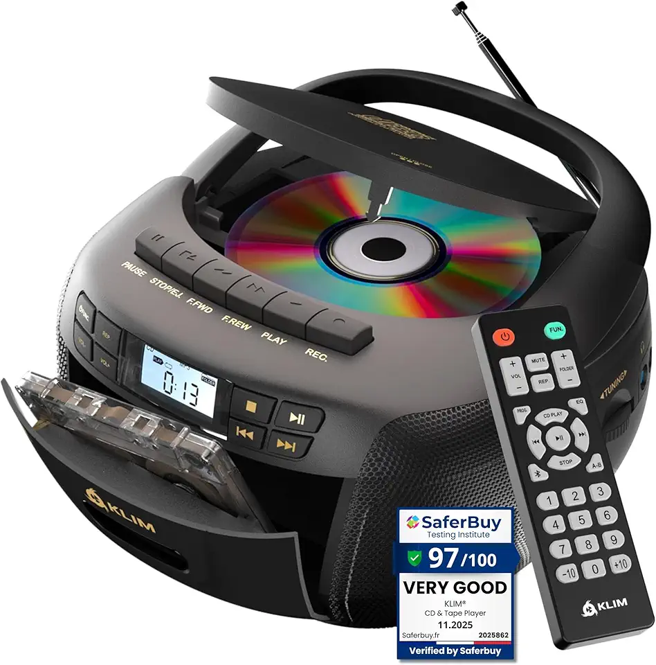 KLIM Leitor de CD e fita cassete, Bluetooth Boombox, rádio AM/FM, som estéreo, controle remoto, combo de CD e cassete, gravação em fita, unidade USB, AUX, alimentação AC/DC - preto/dourado