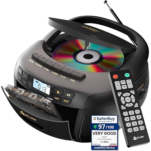 KLIM CD Player & Cassette Tape Player, Bluetooth Boombox, AM/FM Radio, Stereo Sound, Remote, CD and Cassette Combo, Tape Recording, USB Drive, AUX, AC/DC Powered