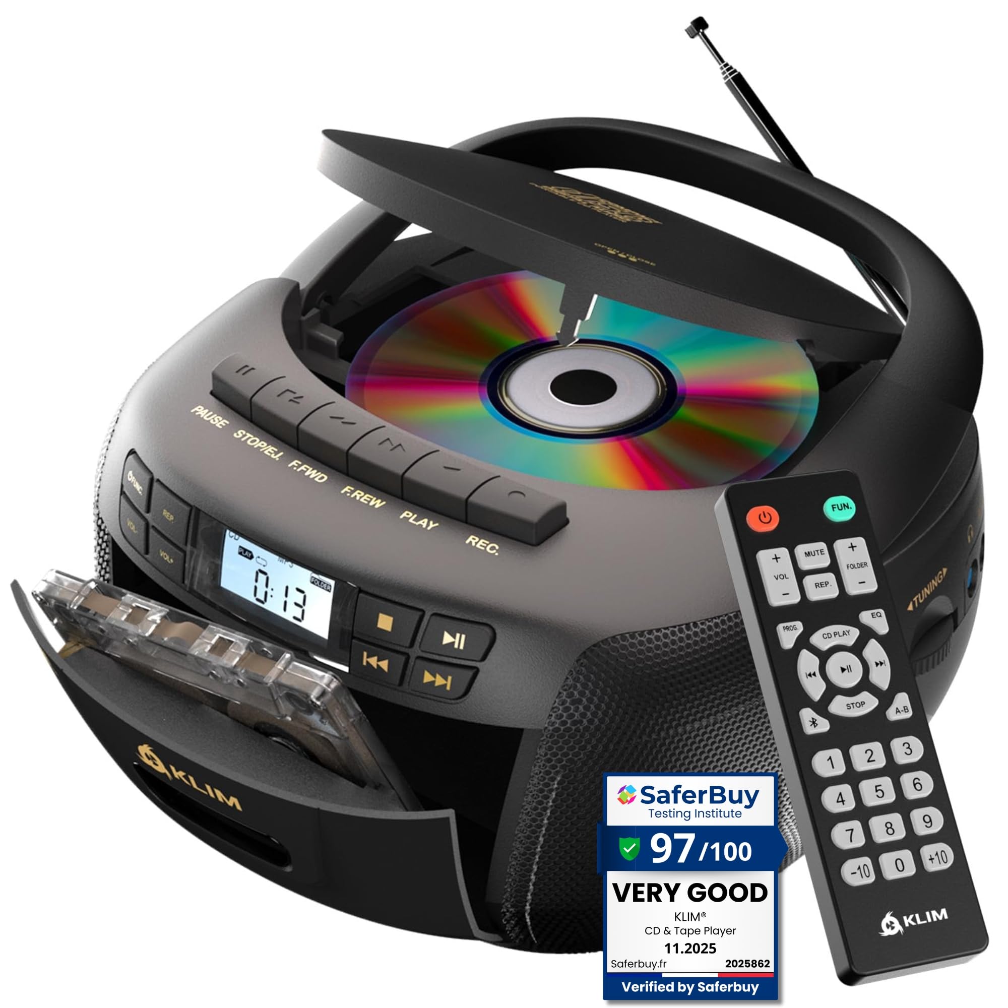 KLIM CD Player & Cassette Tape Player, Bluetooth Boombox, AM/FM Radio, Stereo Sound, Remote, CD and Cassette Combo, Tape Recording, USB Drive, AUX, AC
