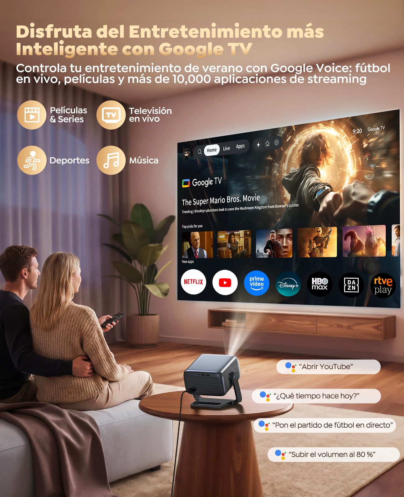 Proyector 4K【Google TV/30W Altavoz/360°Rotable】1200ANSI Proyector Portatil con oficial App,Voice Assistant,Auto Focus/Keystone,HDR10,1080P FHD WiFi Bluetooth Smart Projector para Cine en Casa/Exterior
