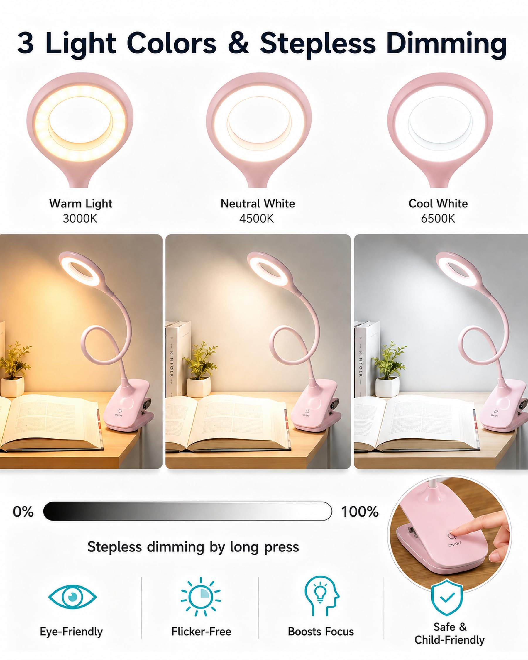 Lampada da lettura a clip, 5 W per testiera del letto, lampada da lettura alimentata a batteria, dimmerabile al tatto, luce da lettura ricaricabile tramite USB, luce a morsetto per braccio