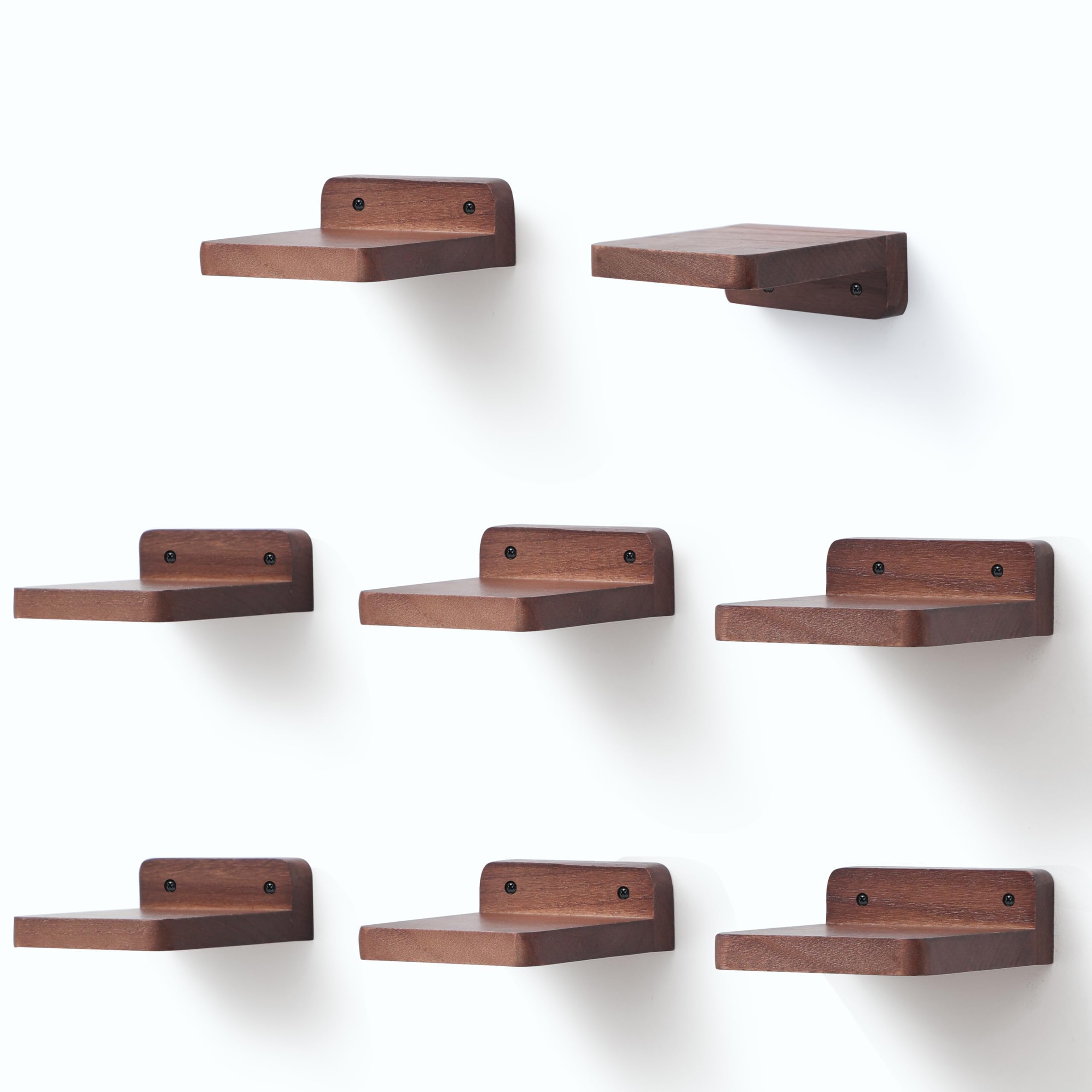 MIHORLIFE Small Floating Shelves, 10.2x10.2x4CM, Mini Wooden Wall Square Shelf, Hanging Shelf Decoration for Small Objects, Bedroom, Living Room, Set of 8(Light Walnut)