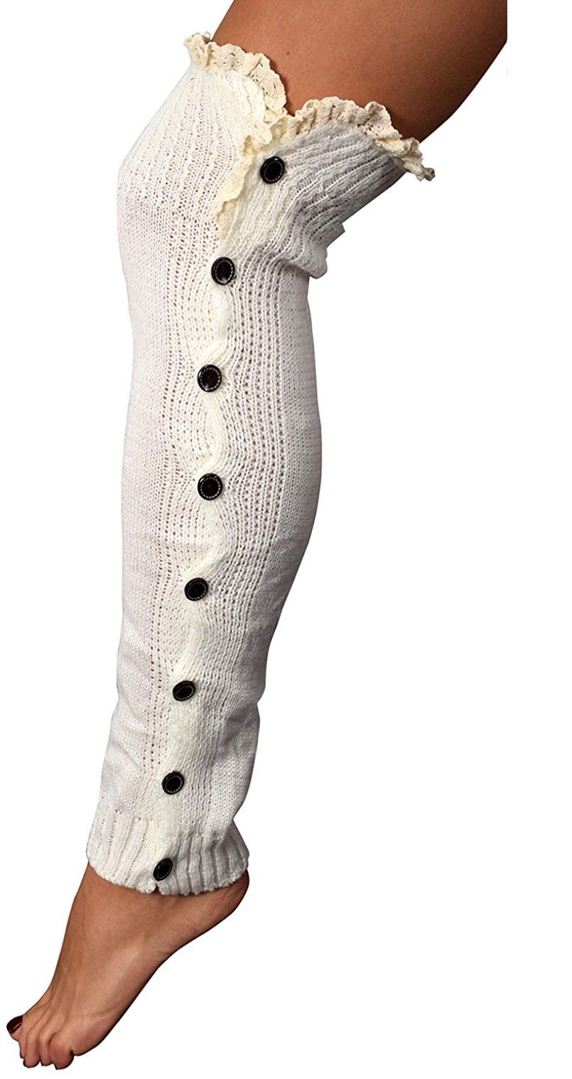 OFF WHITE IVORY Slouchy Knit Button Up Lace Leg Warmers Boot Covers