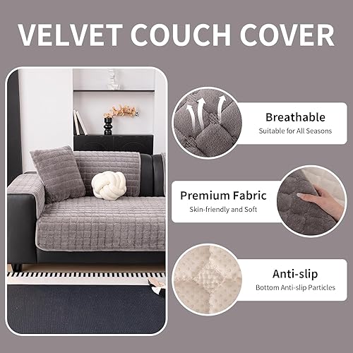 Miniatura 4 de Funda de terciopelo para sofá seccional, lavable, funda antideslizante para sofá de 3 cojines, respaldo y reposabrazos en forma de L, fundas