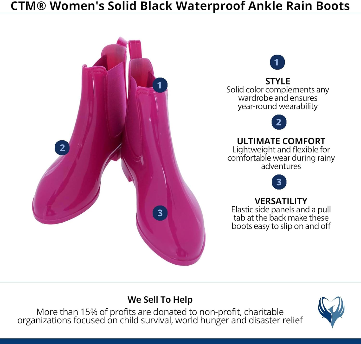 CTM Women's Solid Color Waterproof Ankle Rain Boots