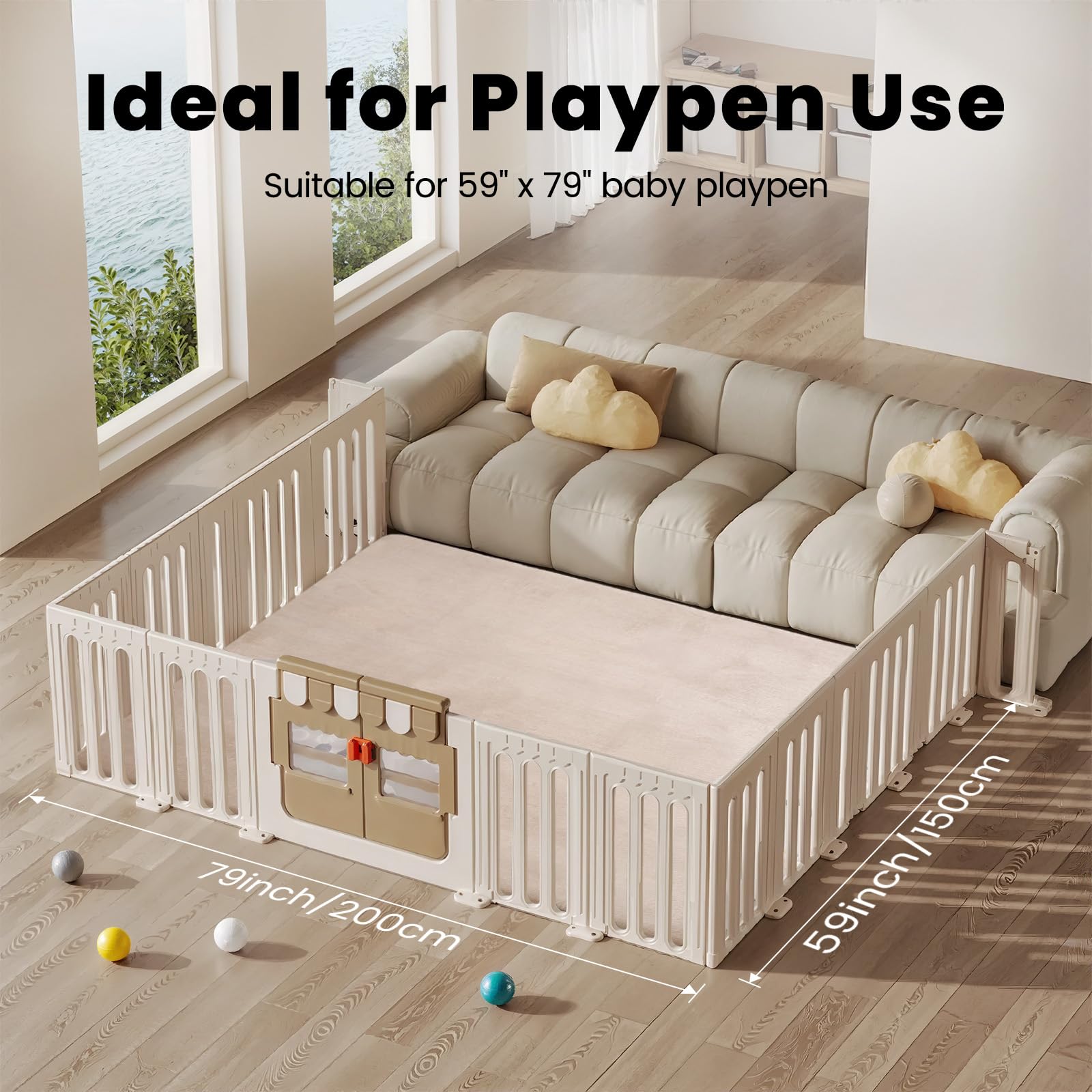 Baby-Spielmatte, 150 x 200 cm, 3 cm dicke Schaumstoff-Spielmatte, ultraweiche Unterstützung und Plüsch-Gefühl, leicht zu reinigen, Baby-Krabbelmatte mit rutschfester Unterseite, Beige