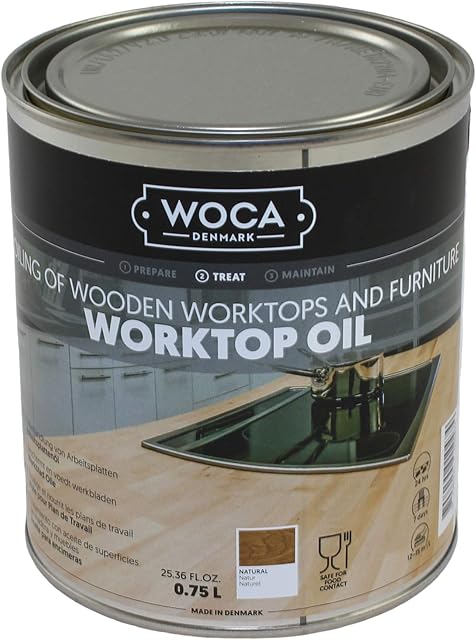 WOCA Worktop Oil All You Need for The Maintenance of Kitchen Worktop or Furniture. This Danish Oil for Wood Highlights The Woods Natural Glow Fresh Appearance.(Natural) 0,75L