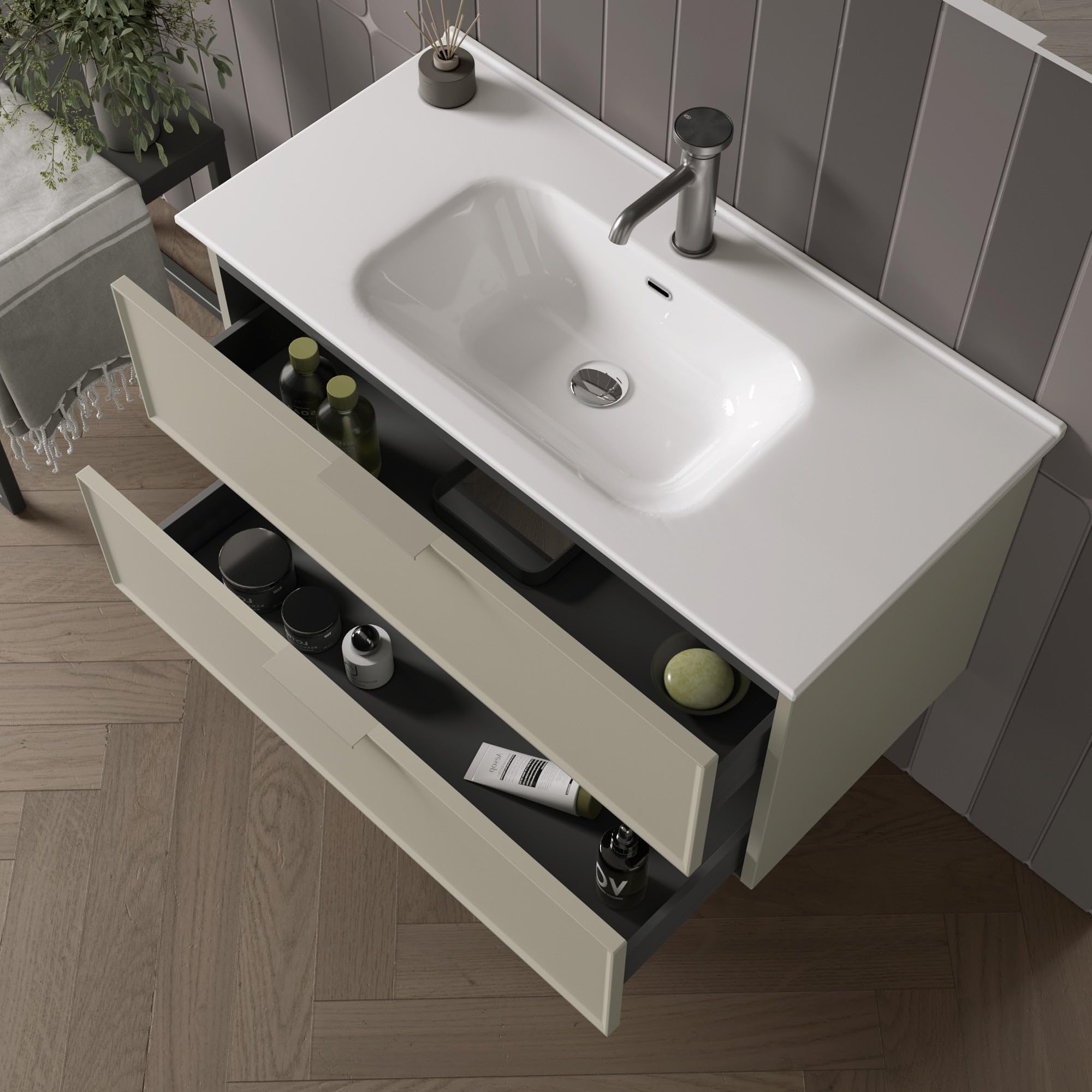 AQA DESIGN accessori casa composizione bagno, base sospesa con frontali in MDF, finitura tortora opaco, nr2 cassetti con scorrimento e chiusura soft - Tortora - 91x46,5x190 cm