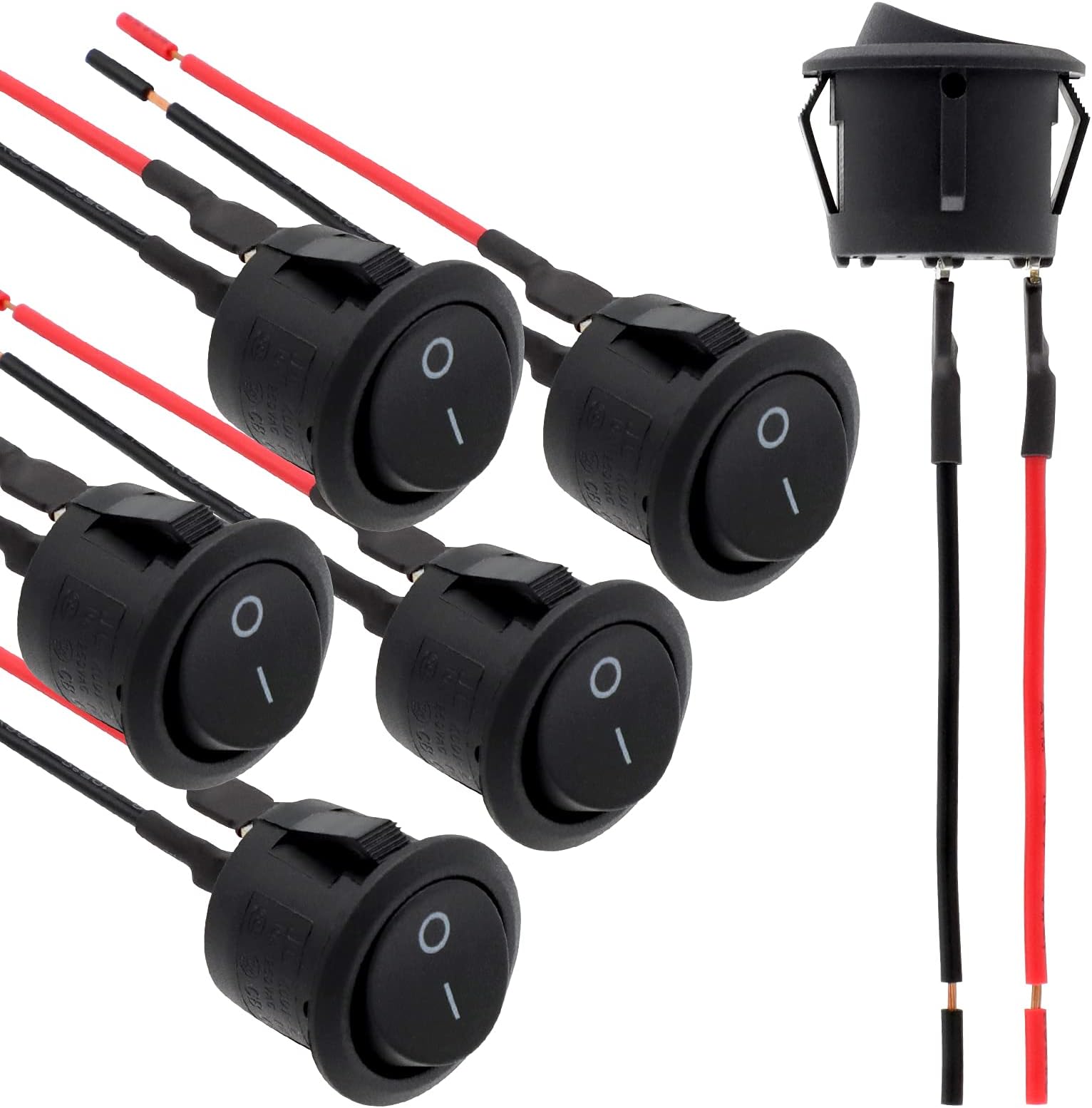 Round Rocker Switch, 6 Pcs Mini Rocker Switch, 12 Volt ON Off Toggle Switch with Pre-Wired 6A/250V 10A/125V AC, 12VDC Electrical Switches for Boat, Car etc, KCD1-X-Y