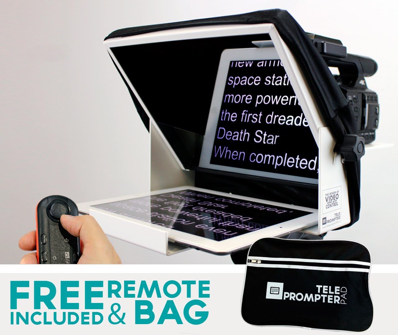 TeleprompterPAD iLight Pro 10'' White w/ Remote - 100x100 Aluminum - Robust Professional Product compatible with iPad/Android. Autocue Portable Multi-camera (DSLR and Professional Video Cams) HD Beamsplitter Glass - High Quality Manufacturing - Made in EU