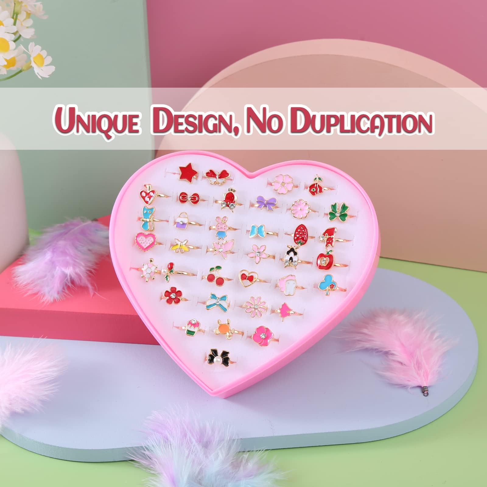 Bague Enfant 36 PCS Réglables Pour Fille Avec Boîte de Coeur Rose, Bijoux Pour Petite Fille (Style Aléatoire)
