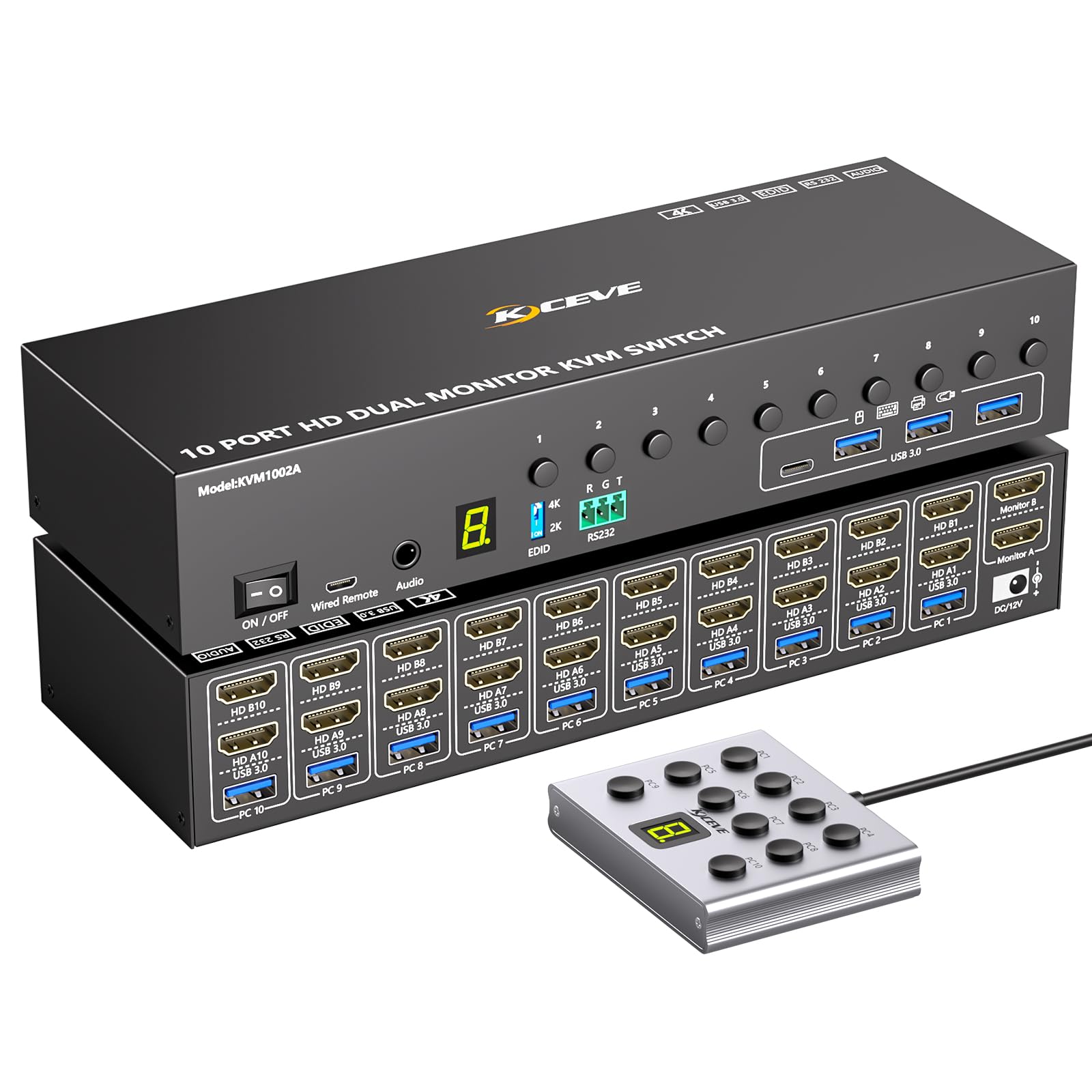 10 Port 8 Port HDMI KVM Switch 2 Monitore 10 PC 4K@60Hz EDID-Simulation, Dual Monitor KVM Switches mit 4 USB 3.0 Ports für Tastatur Maus, Audio RS232, mit Controller,12V Power und 10 USB-Kabeln