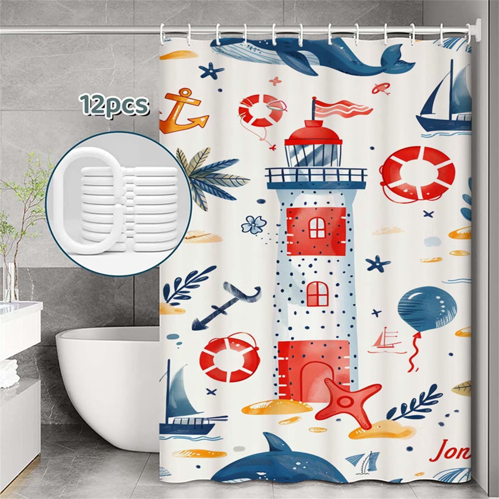 Tenda Doccia in Poliestere Bianco, Tende per Doccia Extra Lunga 240x200cm, faro Tenda Vasca da Bagno Tessuto Lavabile, Impermeabile e Facile da Pulire, con 12 Ganci, Decorazione per Bagno, Hotel Z-400