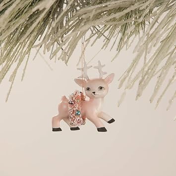 Bethany Lowe Pink Reindeer with Wreath Ornament