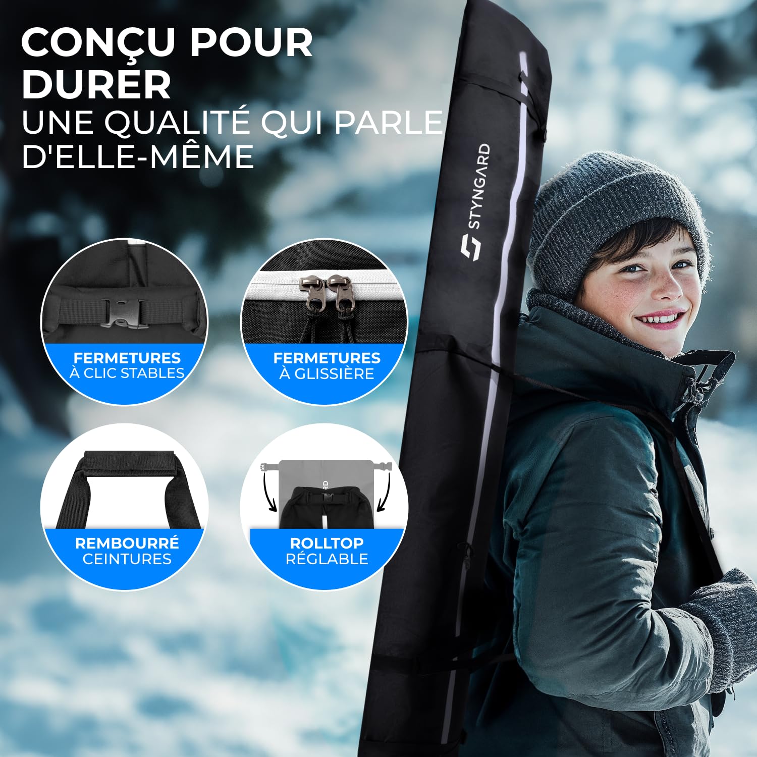 STYNGARD Andermatt Sac de Ski pour Enfant avec Haut Roulant [jusqu'à 160 cm] – Sac de Ski pour Enfant en matériau Robuste avec Fermetures éclair de qualité – Modèle Andermatt