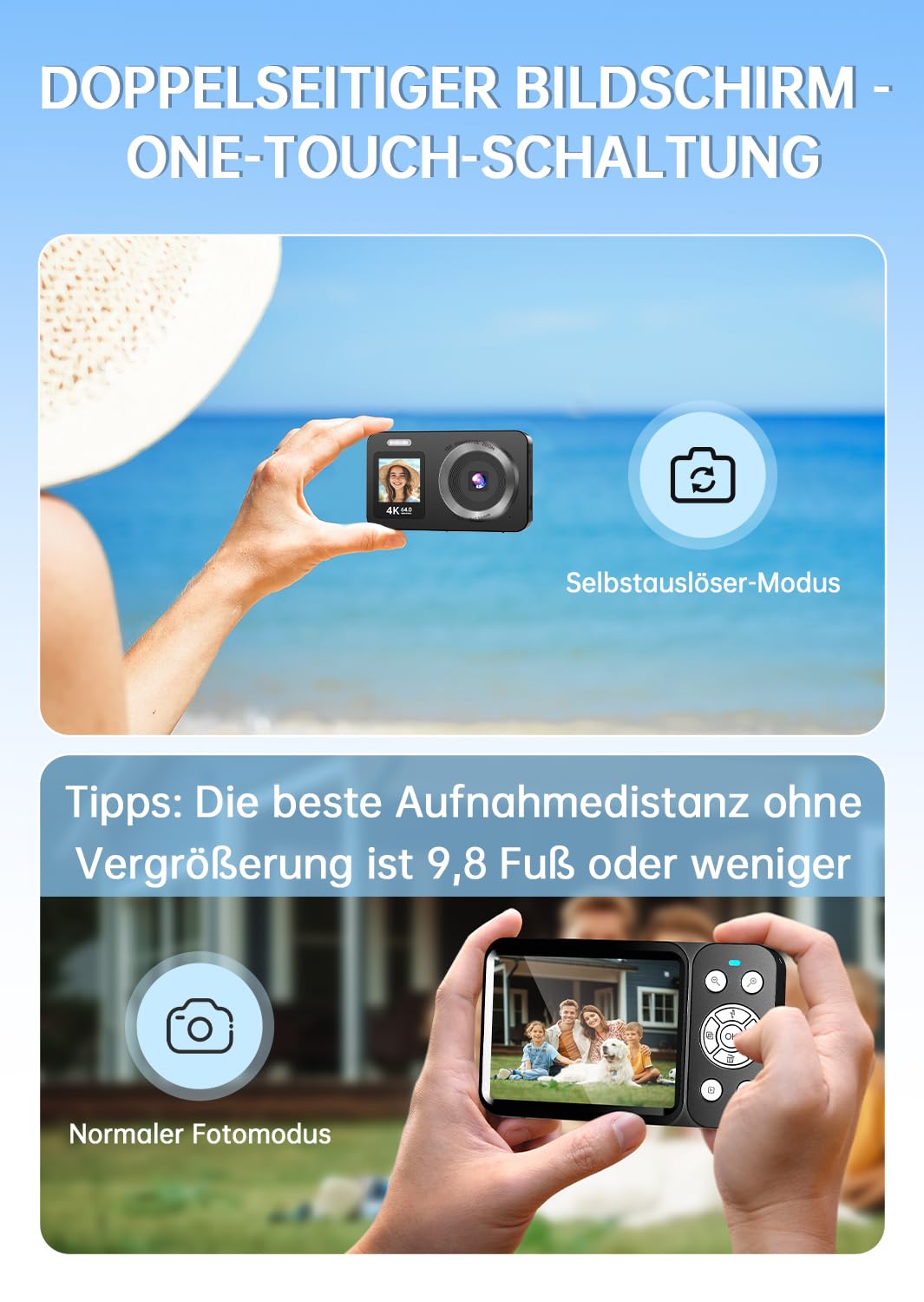 Digitalkamera 4K 64 MP, Dual-Display 18X Digitalzoom, Mini-Kompaktkamera für Vlogging (tragbar), inkl. 2 Akkus, ideal für Kinder, Teenager, Schüler, Anfänger